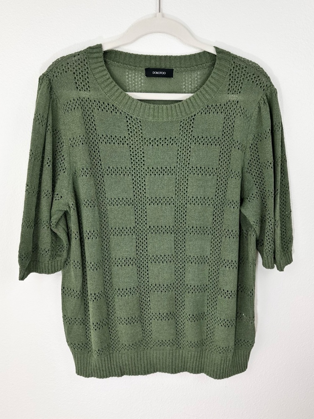 Dokotoo Green Open Knit Top Size XL Square Pattern 3/4 Sleeve Sweater